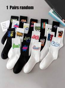 10pairs Random Black-And-White Teenagers Boy's Street Style Casual Sporty Graffiti Mid-Calf Socks