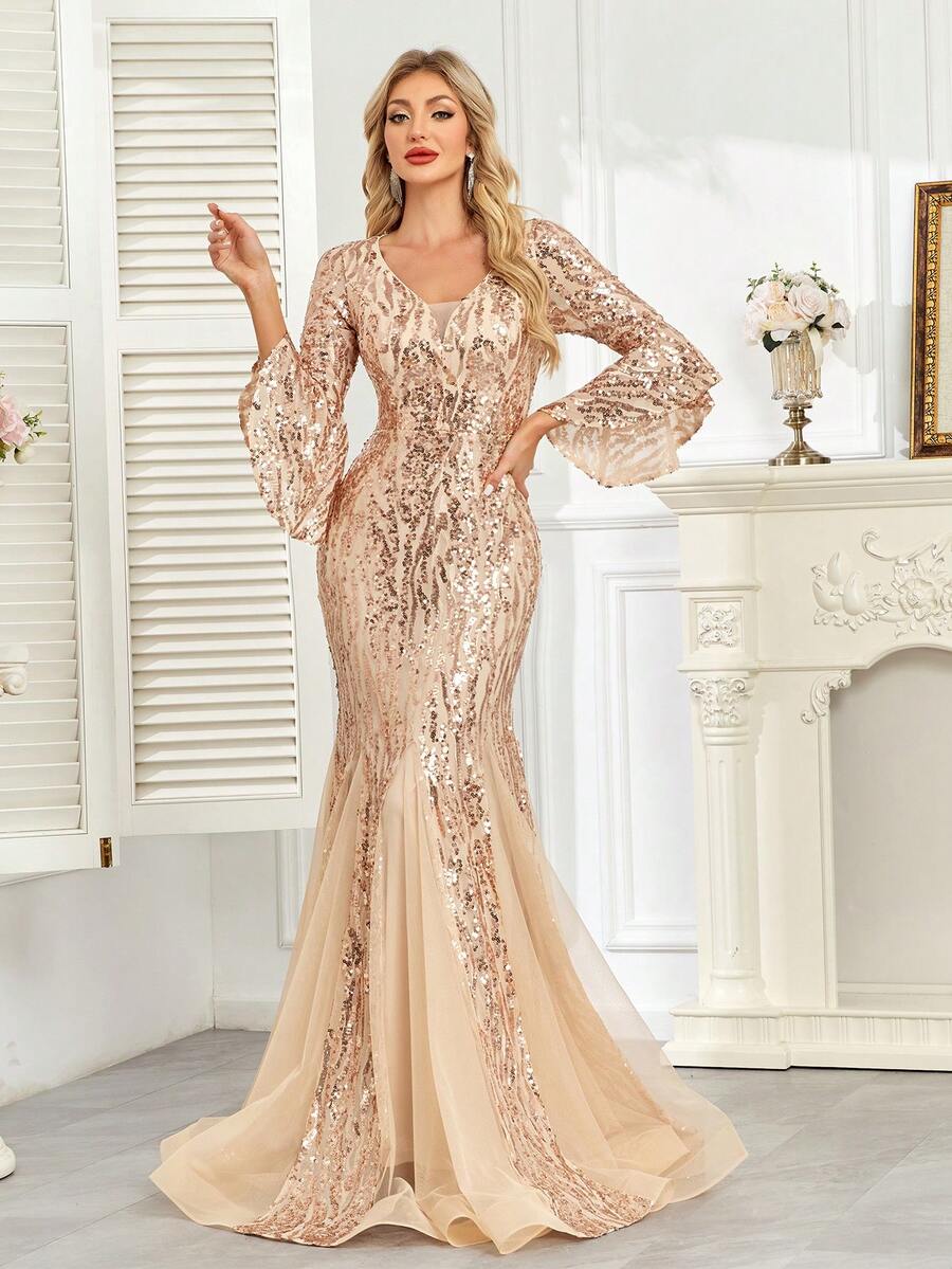 hezixi Premium Quality Solid Color Shiny Sequin Zipper Mix Panel Elegant Party Evening Date Birthday Anniversary Music Festival Cocktail Formal Gown Wedding Guest Singles Party Stage & Concert Everyday Dress, All Season - Rượu sâm banh - Xem 1