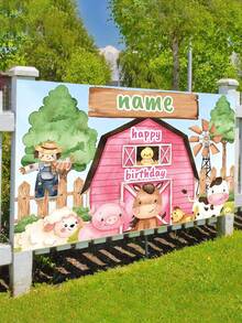 Customizable Personalized Farm Themed Birthday Backdrop Banner Pink Farm Animal Pattern Watercolor Name Banner 3 Size Options, Back To School, Aesthetic Party Decor - Multicolor - View 2