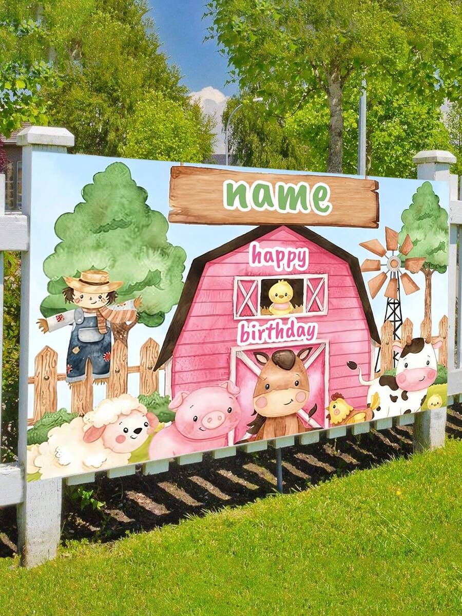 Customizable Personalized Farm Themed Birthday Backdrop Banner Pink Farm Animal Pattern Watercolor Name Banner 3 Size Options, Back To School, Aesthetic Party Decor