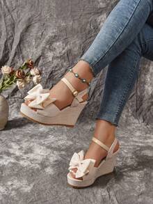 Women's Bow Decor Rope Sole Sandals, Vacation Style Pink Wedge Heel Sandals, Summer - Beige - View 3