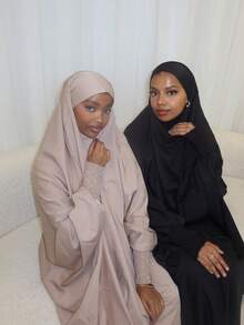 1pc Women Modest Solid Color Long Dress, Prayer Robe Abaya, Arabic Women Regular Classic Back Drawstring Casual Elastic Versatile Abaya For Women, Suitable For Daily Gathering, Prayer, Holidays - Black - View 5