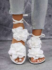 Women's Lace-Up Woven Leg Wrap With Applique, Elegant Boho Chic Casual Beach Flat Sandals, Suitable For Wedding, Party, Office, Home Wear In Summer - White - View 4
