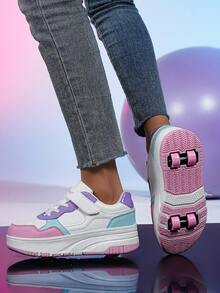 2025 新款青少年鞋，男女通用拼色皮革鞋面 TPR 厚底钩环字母休闲鞋，可拆卸双轮，时尚青少年轮滑运动鞋