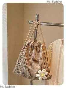 1pc Hollow Mesh Design Beach Bag, Spring/Summer New Women Fashion, Beach Holiday Style, Floral Decor, Woven Rope Bag, Drawstring Backpack, Niche Style, Daily & Holiday Use, Lightweight, Foldable & Portable, Women Fashion Backpack - Khaki - View 1