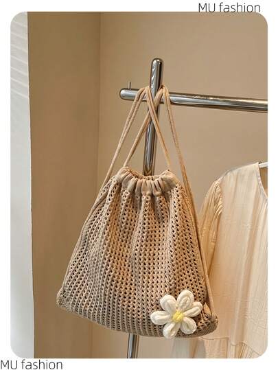 1pc Hollow Mesh Design Beach Bag, Spring/Summer New Women Fashion, Beach Holiday Style, Floral Decor, Woven Rope Bag, Drawstring Backpack, Niche Style, Daily & Holiday Use, Lightweight, Foldable & Portable, Women Fashion Backpack