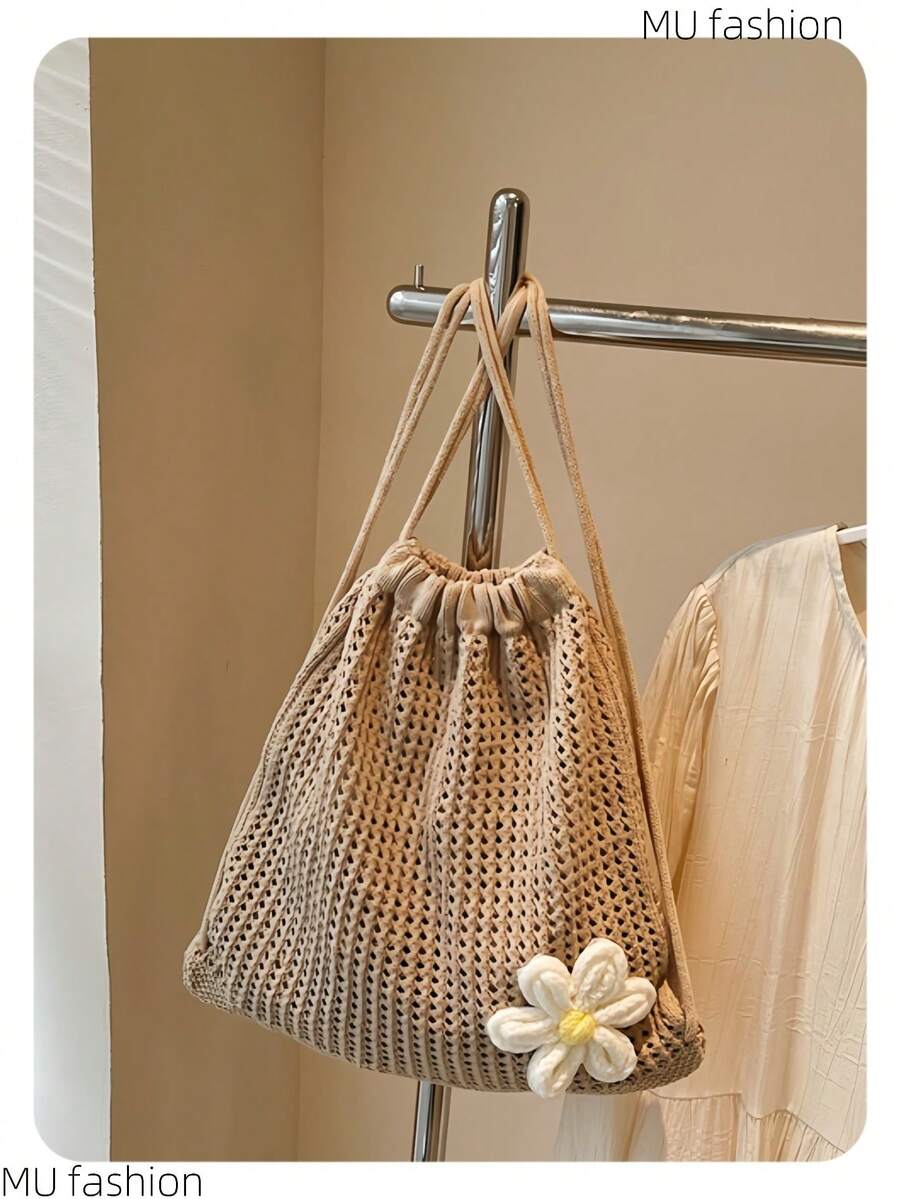 1pc Hollow Mesh Design Beach Bag, Spring/Summer New Women Fashion, Beach Holiday Style, Floral Decor, Woven Rope Bag, Drawstring Backpack, Niche Style, Daily & Holiday Use, Lightweight, Foldable & Portable, Women Fashion Backpack - Khaki - View 1