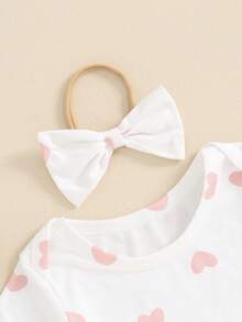 Conjunto de 3 piezas de ropa de verano para niña, con estampado de corazones, mameluco de manga corta, volantes, tirantes, pantalones cortos, diadema - Blanco - Ver 5