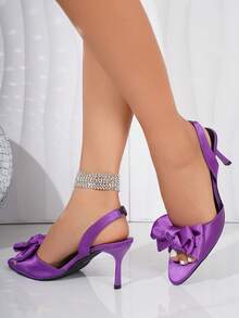 Sandálias femininas roxas de salto alto, com laço, bico aberto, bico , cetim, elegante e gracioso para festas formais - Roxa - Ver 9