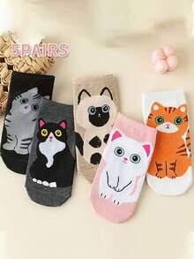 5 Pairs Cartoon Cute Kitten Pattern Women's Ankle Socks, Summer - Multicolor - View 2