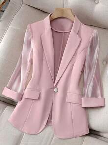 女士春秋休闲通勤单扣欧根纱拼接 3/4 袖西装外套