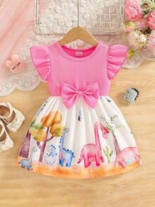 Conjunto de vestido para bebé niña recién nacida, vestido de niña pequeña con estampado de dibujos animados encantador, de color suave, estilo elegante, patrón exquisito, corte ajustado, adecuado para salidas diarias de bebé y uso casual en casa, fácil de crear un aspecto dulce