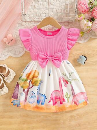 Baby Girl Cute Newborn Infant Dress Set, Toddler Girls Lovely Cartoon Print Dress, Soft Color, Elegant Style, Exquisite Pattern, Fitted Cut, Suitable For Baby Daily Outing And Casual Home Wear, Easy To Create A Sweet Look