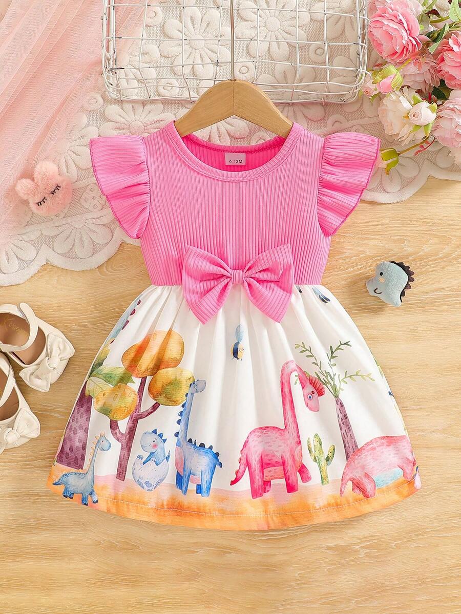 Conjunto de vestido para bebé niña recién nacida, vestido de niña pequeña con estampado de dibujos animados encantador, de color suave, estilo elegante, patrón exquisito, corte ajustado, adecuado para salidas diarias de bebé y uso casual en casa, fácil de crear un aspecto dulce