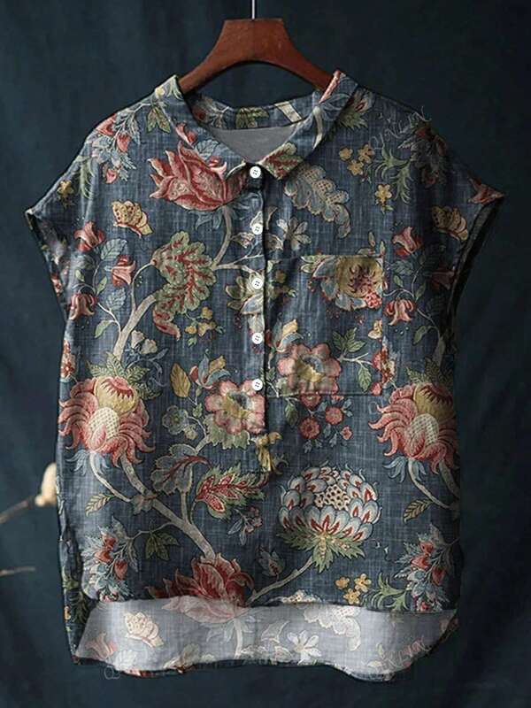 Women's Short Sleeve Vintage Floral Print Casual Shirt