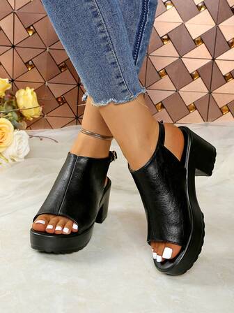 Women High Heel Sandals, Thick Heel Black Sandals, Summer Shoes, Thick Sole High Heels, Black Shoes, Summer Footwear