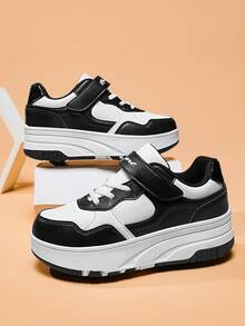 2025新款青少年鞋，男女通用拼色拼接皮革TPR厚底钩环字母休闲鞋，可拆卸双轮，时尚青少年轮滑运动鞋 - 黑與白 - 查看 7