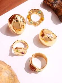 5 件套闪亮、华丽、时尚、优雅、独特、奢华、多功能大号几何彩色宝石和珍珠戒指套装，适合女士日常佩戴珠宝 - 彩色 - 查看 8