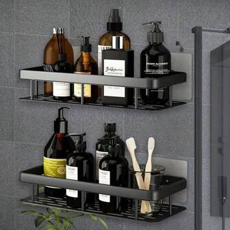 Wall Mounted Shower Caddy, Large Capacity, No Drill Installation, Floating Shelf For Bathroom & Kitchen, Space Saving, Easy Assembly, For Storing Toiletries, Cosmetics & Miscellaneous, ABS Material Back To School