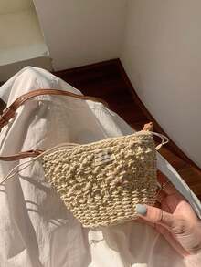 Summer 2025 New Women Woven Bag, Casual Vacation Style Straw Bag, Mini Handbag Shoulder Crossbody Bag - Apricot - View 9