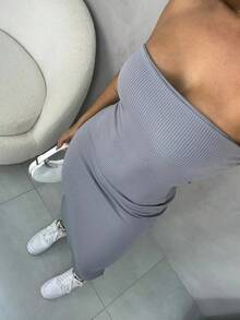 Strapless Ribbed Midi Dress In ANARRUGA FABRIC - Grey - View 2