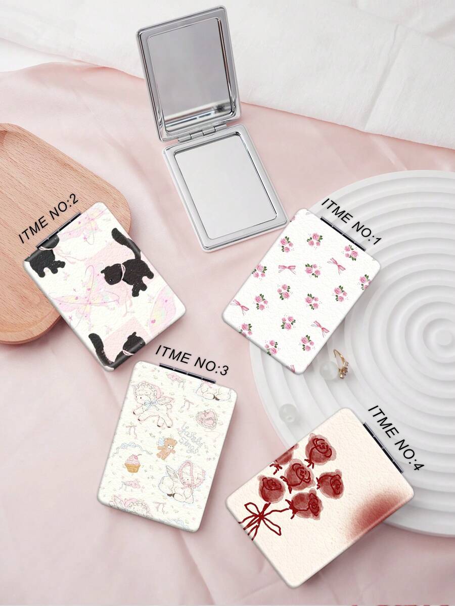 INS系列可折叠小巧轻便的手持镜，适用于各种场景和人群。可折叠方形便携式口袋镜，饰有经典蝴蝶结、小猫、小羊羔和玫瑰花朵图案。精致的折叠结构，经久耐用，方便携带。180°翻盖，多功能化妆镜，化妆，经济实惠，房间装饰，梳妆台，旅行，卧室，化妆配件，镜子，化妆镜，迷你镜，小镜子，小镜子，手镜 - 彩色 - 查看 1