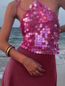 Women's Y2k Sequin Tank Tops Tie-Up Halter Neck Glitter Vests Summer Casual Sleeveless Backless Paty Tops Streetwear Clubwear - 玫紅色 - 查看 1