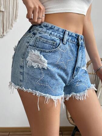 Fashionable Frayed Distressed Studded Women's Denim Shorts, Great For Travel And Vacation