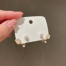 1 对优雅郁金香珍珠设计小巧耳环，时尚百搭女式耳钉 - 金黃色 - 查看 6