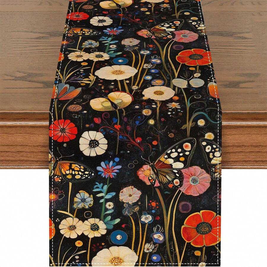 1pc Table Runners Rustic Botanical Butterfly Dining Place Mats Flowers For Kitchen Indoor Outdoor Restaurants - Multicolor - View 1