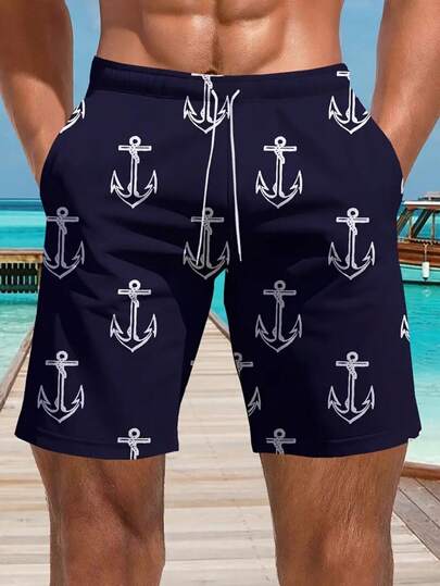 Men's 3D Anchor Printed Drawstring Elastic Quick-Dry Beach Shorts, Black With Slight Stretch, Casual Swimming Trunks For Summer