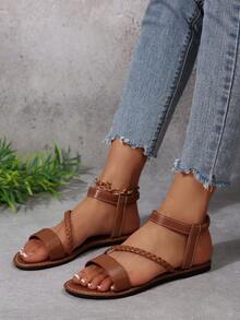 Stil european și american de mărime mare pentru femei, confortabile, cu bretele simple, cu flori mari, cu vârful pătrat, sandale plate, pantofi de vară pentru plajă. - Maro ruginiu - Vizualizare 3