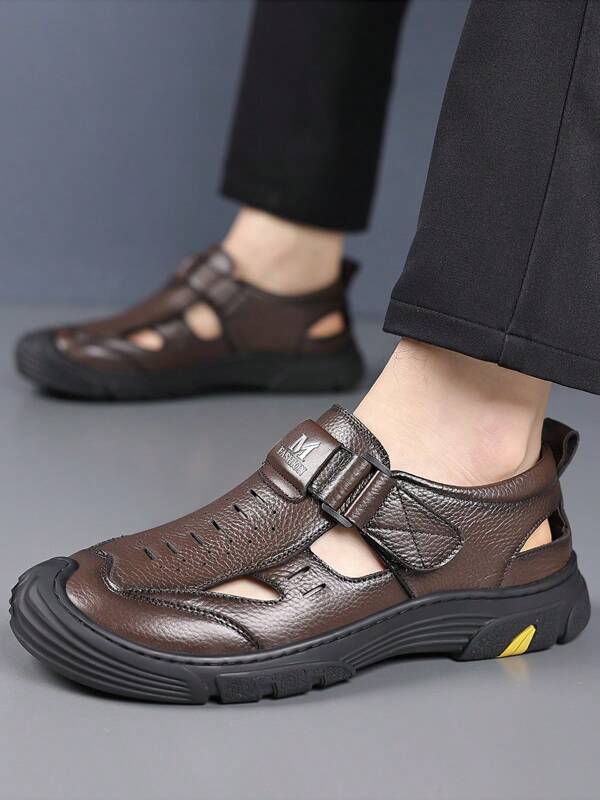 Men's Genuine Leather Casual Sandals, Lightweight Breathable Non-Slip New Design Sandals, Hook And Loop Easy Slip-On Outdoor Shoes For Summer