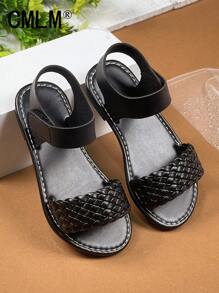 1 par de sandalias abiertas de niña pequeña con correa de PU de color negro sólido, estilo trenzado con , puntera redonda, cómodas y de moda tipo romanas, apropiadas para niñas de 3 a 12 años, para uso diario, casual, vacaciones, primavera/verano 2025