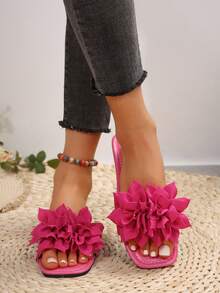 Dép xỏ ngón đế bằng thanh lịch và nhẹ nhàng của Pháp dành cho nữ, dép xỏ ngón hở mũi họa tiết hoa thích hợp cho các buổi hẹn hò, mặc hàng ngày, ngoài trời, ở nhà, thường ngày, bãi biển - Màu Hồng Tươi - Xem 3
