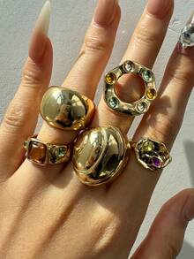 5 件套闪亮、华丽、时尚、优雅、独特、奢华、多功能大号几何彩色宝石和珍珠戒指套装，适合女士日常佩戴珠宝 - 彩色 - 查看 5