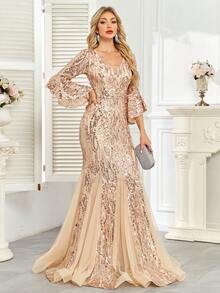 hezixi Premium Quality Solid Color Shiny Sequin Zipper Mix Panel Elegant Party Evening Date Birthday Anniversary Music Festival Cocktail Formal Gown Wedding Guest Singles Party Stage & Concert Everyday Dress, All Season - Rượu sâm banh - Xem 6