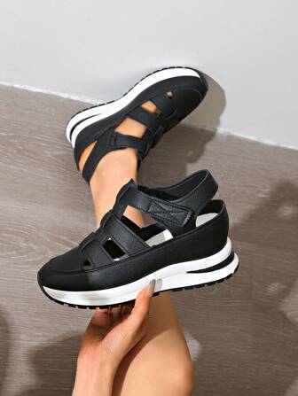 Sandalias de plataforma y cuña para mujer de verano, sandalias romanas gladiadoras casuales a prueba de agua con puntera cerrada, hebilla, suela gruesa y diseño hueco y calado, sandalias informales con suela antideslizante para la playa