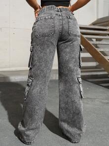 Quần jeans cargo nữ cỡ lớn với túi nắp bên hông, phong cách tối giản, thoải mái, thích hợp mặc hàng ngày, mùa xuân. - Xám - Xem 6