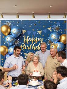 1pc 3D Blue And Gold Happy Birthday Photography Backdrops Glitter Stars Fireworks Balloons Flags Photo Background 59.1*39.4/82.7*59.1/106.3*70.9 Inches Newborn Shower Party Banner Indoor Outdoor Decoration Supplies