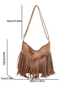 New Solid Color Fashionable Personalized Tassel Women's Handbag, Large Capacity Shoulder Diagonal Bucket Bag - Khaki - View 5