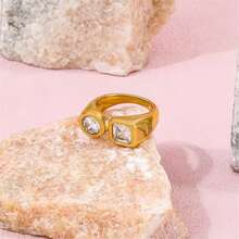 VKHK 1 Piece 18K Gold Plated Stainless Steel Round & Square Zirconia Decor Single Ring, Suitable For Men & Women, Daily & Wedding Wear, Gift - Diamond Ring - View 5