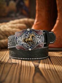 1 pieza Cinturón de estilo vaquero occidental bohemio unisex con hebilla con diseño de animal, marrón oscuro vintage, informal para todas las estaciones