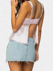 Women Babydoll Tank Tops Slim Lace Trim Square Neck Sleeveless Backless Crop Shirt Summer Streetwear - Pink - View 5