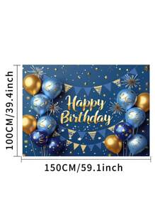 1pc 3D Blue And Gold Happy Birthday Photography Backdrops Glitter Stars Fireworks Balloons Flags Photo Background 59.1*39.4/82.7*59.1/106.3*70.9 Inches Newborn Shower Party Banner Indoor Outdoor Decoration Supplies