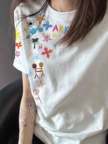 Heavyweight Student Summer Unique Printed Design Retro Chic T-Shirt, American Style Top For Women - White - View 1