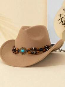 1pc Western Cowboy Hat For Women. It Has A Detachable Sapphire Wood Beaded Hat, A High Top Hat, A Lightweight Stylish Hat For All Seasons, Suitable For Outdoor Activities, Parties And Daily Wear.
