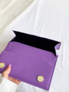 Fashion Plaid Quilted Metal Connector Flap Shoulder/Crossbody Bag For Women, Metal Tassel S Letter Decor, Versatile Commuter Tote, Small Square Bag , Purple - Purple - View 4
