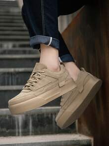 Men's Fashionable Solid Color Lace-Up Front Skate Shoes, Lightweight Casual Outdoor Couple Sports Shoes For Daily Wear - Khaki - View 9