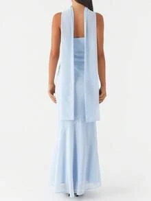 Womens Floral Strapless Dress With Scarf Y2k Backless Sleeveless Tube Maxi Long Dresses Sexy Mesh Bodycon Summer Beachwear - Solid Blue - 查看 2